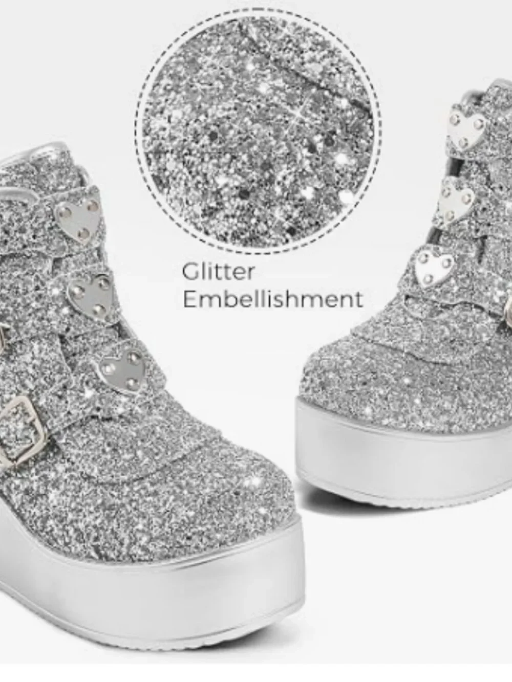 Lucky Step Hippie Platform Glitter Sneakers with Buckles,Hearts, Side Zip